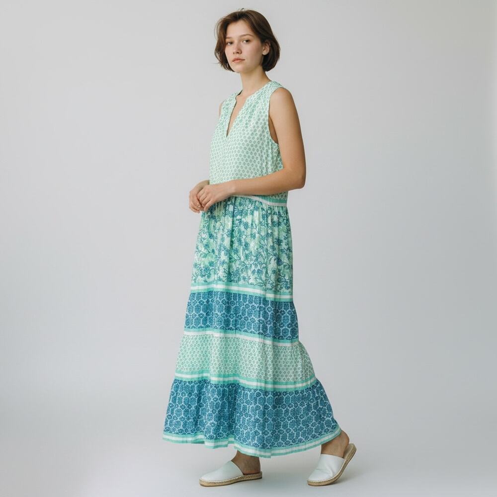 Cabana Life Rosebay Sleeveless Maxi Dress Women's Sz M Blue Green Floral Cotton